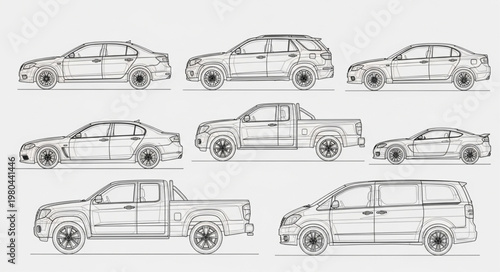 Collection of Vehicle Silhouettes Hand Drawn Sketch Style.