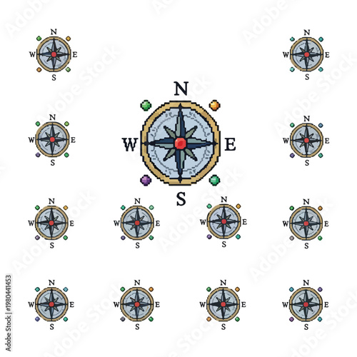 This vector displays stylized pixel art compasses with colorful gemstone accents and cardinal directional markers on a simple white background.