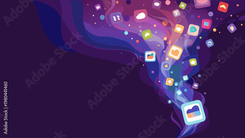 Neon symbols float upwards in a vibrant abstract illustration with glowing icons and a dark background