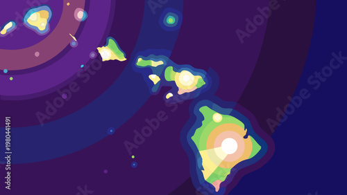 Futuristic illustration of glowing islands in a purple space background with swirling shapes