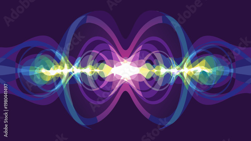 Vibrant digital vibration pattern with glowing waves and colorful rings on dark background abstract technology concept