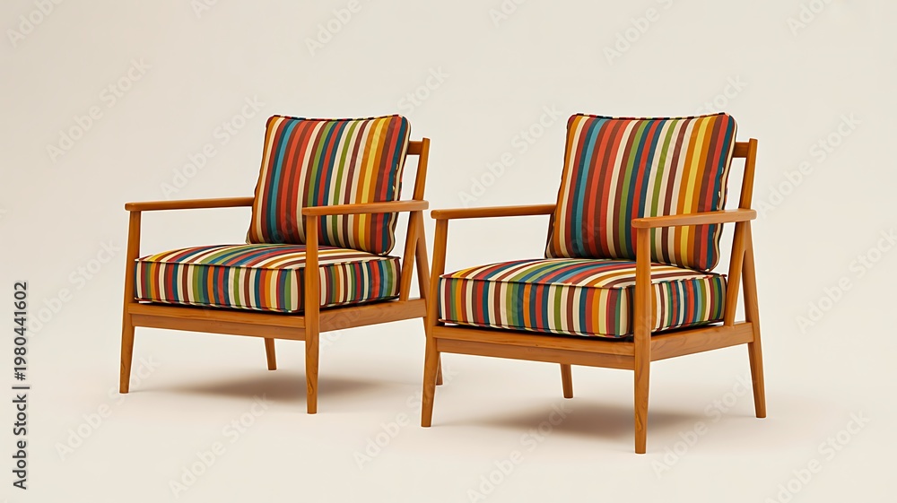 Fototapeta premium Modern wooden armchairs with colorful striped cushions isolated on minimal background 