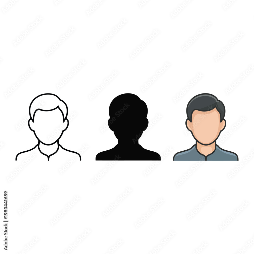Fototapeta premium Profile avatar collection with outline head, solid silhouette and neutral color portrait, user account icon set for website authentication.