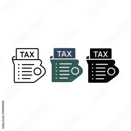 Tax document icons set, finance filing forms, accounting season poster, compliance workshop branding, payment receipt symbols, business administration vector illustration