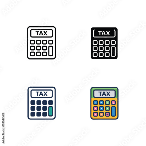 Tax calculator icon set with keypad display labels, finance accounting tools for budget planning, filing season, personal tax return.