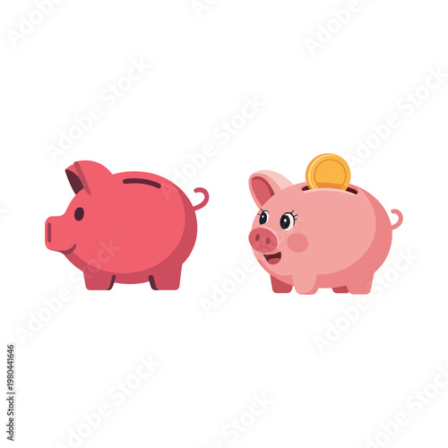Cute piggy bank pair with coin slot and golden coin, savings jar illustration for kids finance learning, allowance tracker.