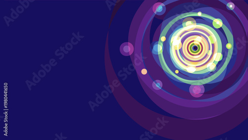 Vibrant cyber sound tunnel illustration with swirling neon lights and colorful orbs on a dark blue background conveying futuristic technology and digital audio concept