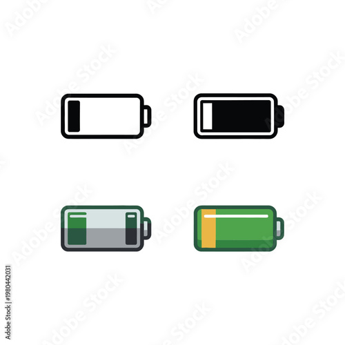 Rechargeable battery icons collection, portable charger symbol, sustainability fair poster, green tech seminar, gadget repair workshop, clean energy vector illustration