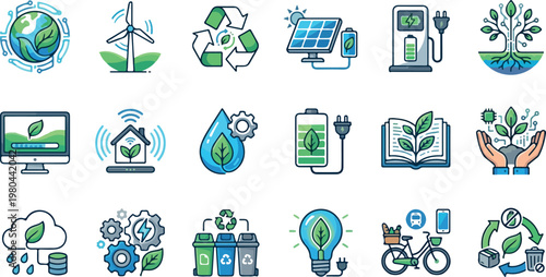 Eco friendly technology and sustainable living icons for green energy and environmental conservation