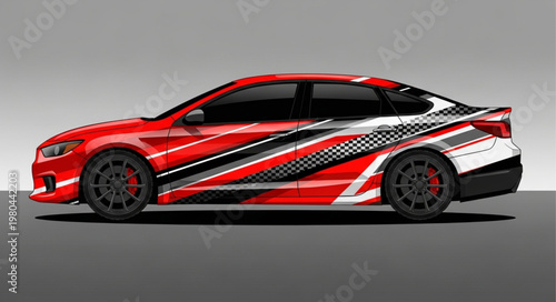Red Sports Car with Racing Stripes and Decals.