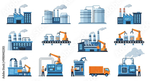 Collection of industrial factory buildings and manufacturing equipment.