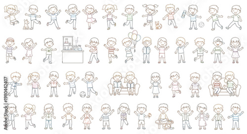 Cute cartoon kids activity vector set with children playing learning and daily life poses isolated on white background