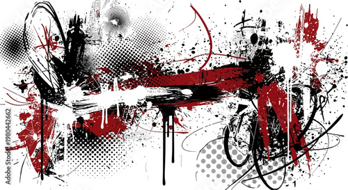 Abstract Grunge Splatter Background with Red and Black Accents