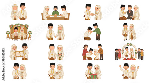 Traditional wedding ceremony collection with couples families and cultural rituals, flat vector illustration of marriage celebration and community events