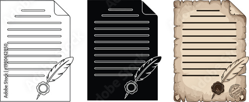 Detailed flat vector illustration set of ancient parchment scrolls with quill pen and wax seal in line, silhouette, and color.