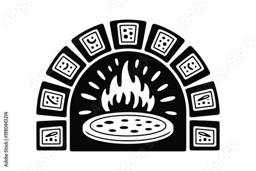 Black and white of a pizza baking in a traditional brick oven