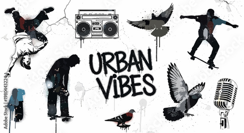 Urban Vibes Graffiti Art: Skateboarders, Dancers, Boombox, Pigeons, Microphone