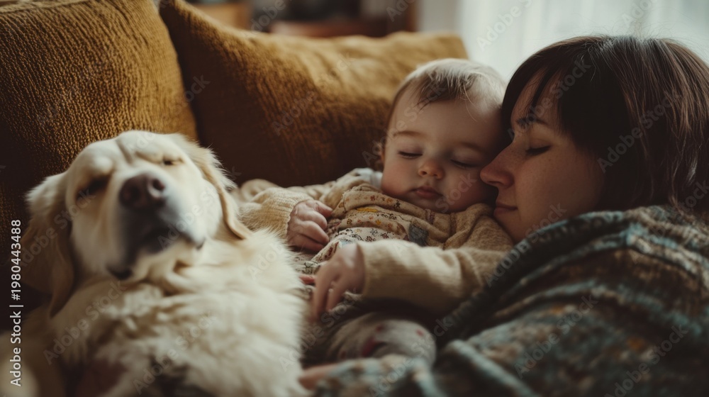 Obraz premium Cozy family moment mother baby and dog relaxing indoors home candid photography warm atmosphere intimate view