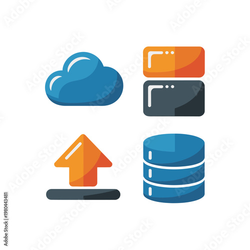 Cloud storage icons set, database with upload arrow, cloud workshop, digital transformation session, data center training, backup recovery, vector design