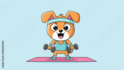 Energetic cartoon dog wearing a headband and tank top lifting dumbbells while standing on a pink exercise mat against a blue background.