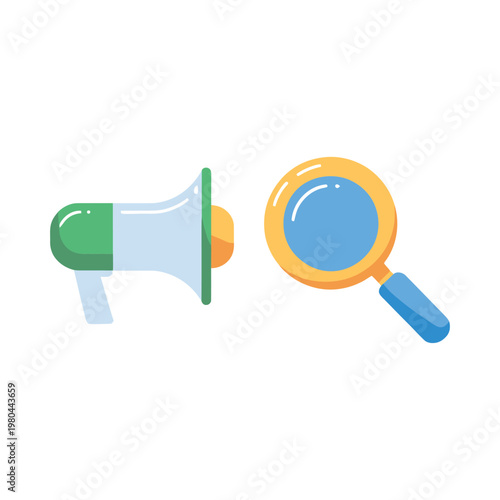 Seo promotion icons with megaphone and magnifying glass, digital marketing search optimization symbol for campaign ads, web traffic analytics