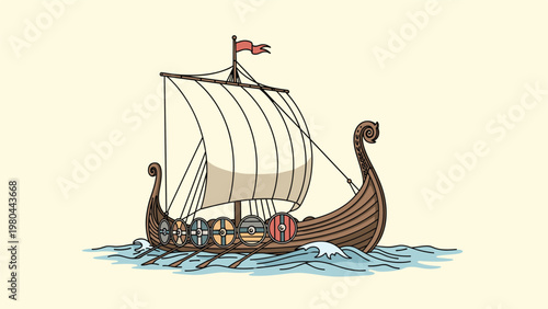 Traditional viking longship with a curved prow and shields on the hull sailing on blue ocean waves with a white sail under a clear sky.