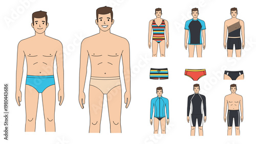 Illustration of male models wearing various types of swimwear and wetsuits including trunks briefs and long sleeve gear for water sports.