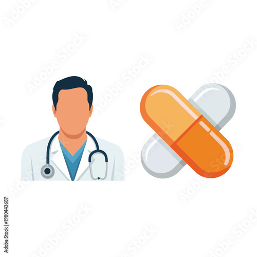 Medical doctor avatar with capsule pills icons, healthcare consultation graphic for clinic profile, telemedicine services, hospital marketing materials online