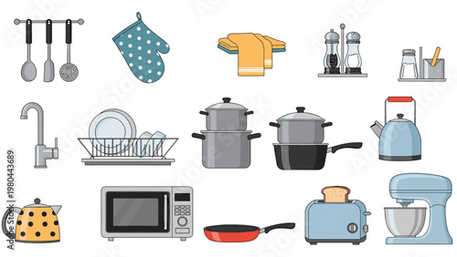 Large collection of diverse kitchen utensils appliances and cookware icons including a microwave toaster mixer and pans for culinary designs.