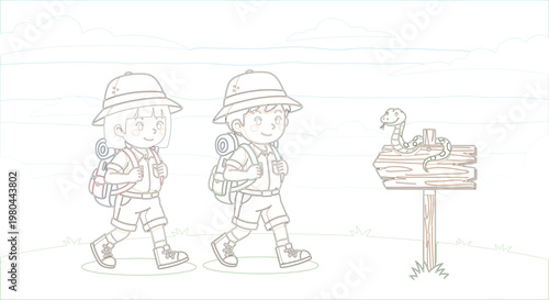 Cute safari explorer kids with snake on wooden sign vector illustration for adventure design