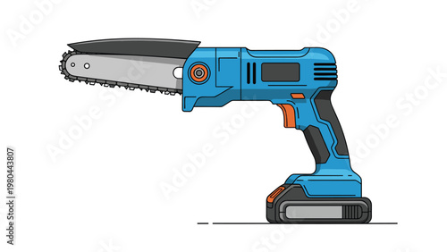 Modern blue cordless mini chainsaw with a battery pack and safety guard designed for gardening and light wood cutting tasks.