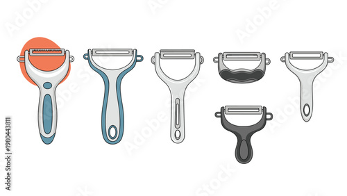 Collection of six various vegetable peelers in different designs and colors including grey, black, and blue for kitchen use.
