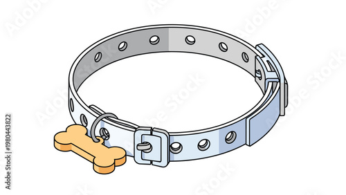 High quality illustration of a light blue leather dog collar with a buckle and a golden bone-shaped ID tag attached to it.