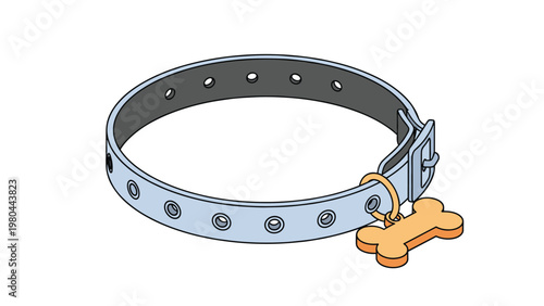 Simple grey leather dog collar featuring a silver buckle and an orange bone-shaped identification tag for a pet animal.