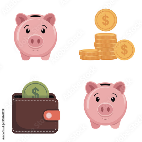 Personal finance icons with piggy bank, stacked coins and leather wallet, savings budget planning graphics for family money management