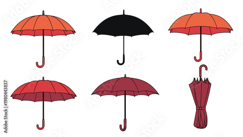Collection of six umbrellas in various shades of red and black shown from different angles and one in a closed position.