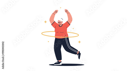 Active elderly woman character in a red shirt and black pants happily hula hooping on a white background with gold stars.