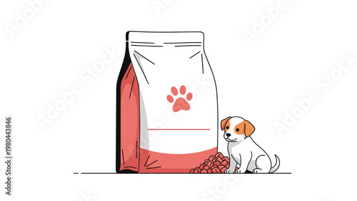 Large bag of dog food with a paw print logo standing next to a small pile of kibble and a cute sitting brown and white puppy.