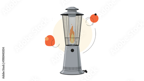 Tall metal outdoor patio heater with a flame visible through the protective mesh used for warming up open areas in winter.