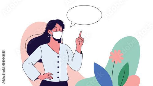 Young woman character wearing a protective face mask pointing her finger up towards an empty speech bubble for text space.