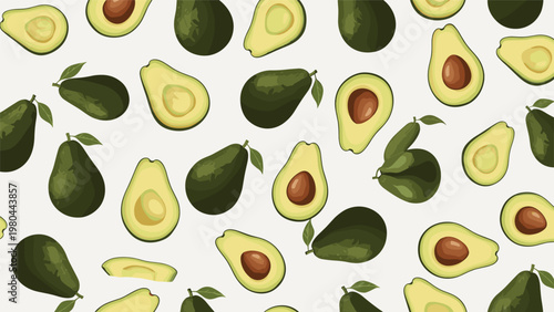 Healthy food pattern featuring whole and halved avocados with seeds scattered on a clean white background for nutrition design.