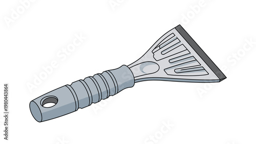 Durable grey ice scraper with a textured handle designed for removing thick ice from glass surfaces in cold winter conditions.