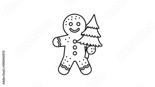 Black and white line art illustration of a happy gingerbread man character holding a small decorated Christmas tree for coloring.