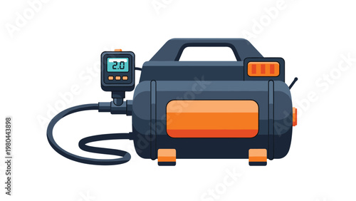 Compact portable electric air compressor in blue and orange colors with a digital pressure gauge and hose for tire inflation.