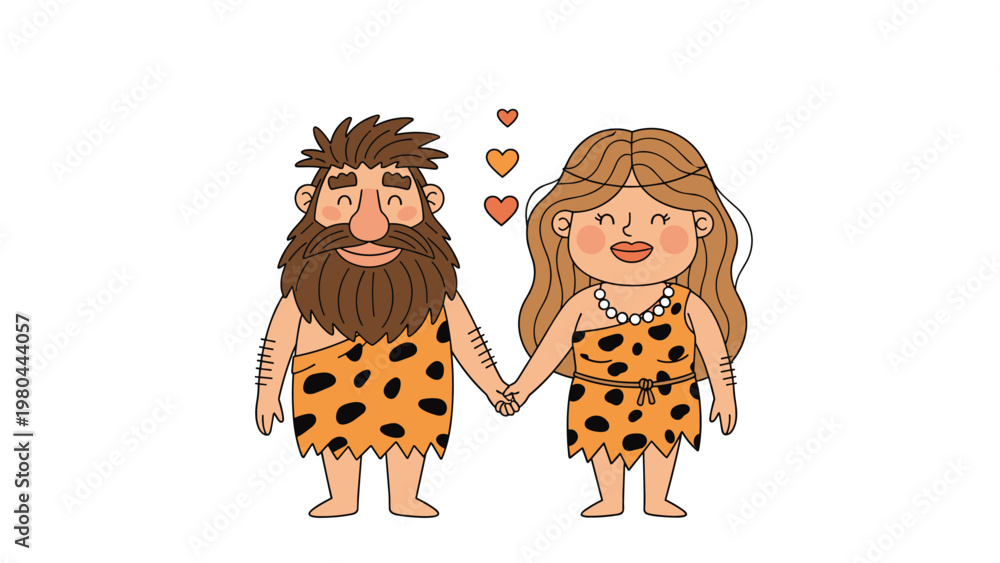 Fototapeta premium Adorable prehistoric caveman and cavewoman couple holding hands with floating hearts representing love and primitive romance.