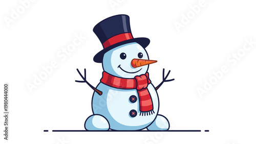Cheerful snowman wearing a classic black top hat and a red striped scarf smiles warmly in a clean vector illustration.