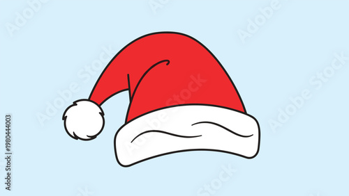 Iconic red Santa Claus hat with a fluffy white trim and pom-pom is shown against a soft light blue background for the holidays.