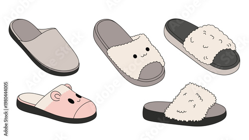 Selection of five cozy indoor slippers includes fuzzy textures and playful animal faces for a comfortable loungewear look.