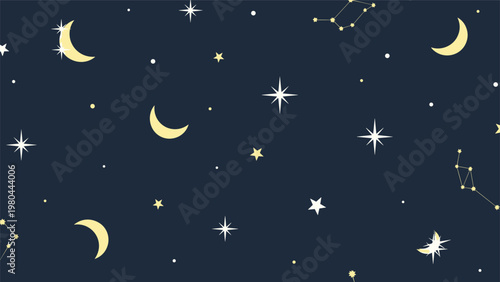 Enchanting seamless pattern on a dark night sky displays various phases of the moon among stars and golden constellations.