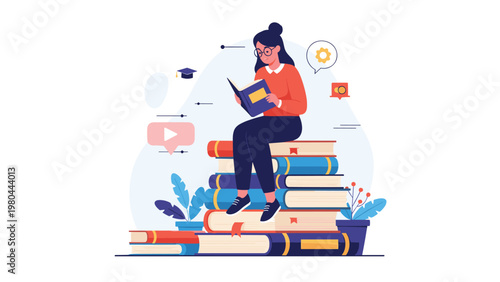 Young woman wearing glasses is perched atop a massive stack of colorful books while deeply engrossed in reading another book.